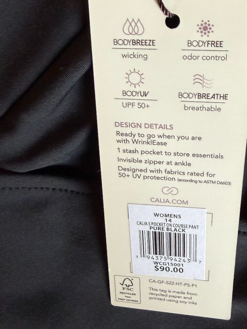 NWT  Calia on Course golf pants size 14 Large black 5 pockets - Picture 3 of 4